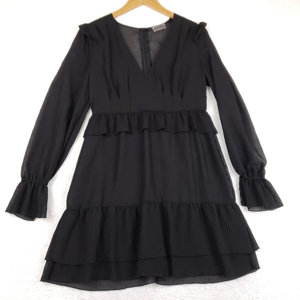 Aiden Black V Neck Tiered Ruffle Mini Dress Sheer Long Sleeve Pleated Size M